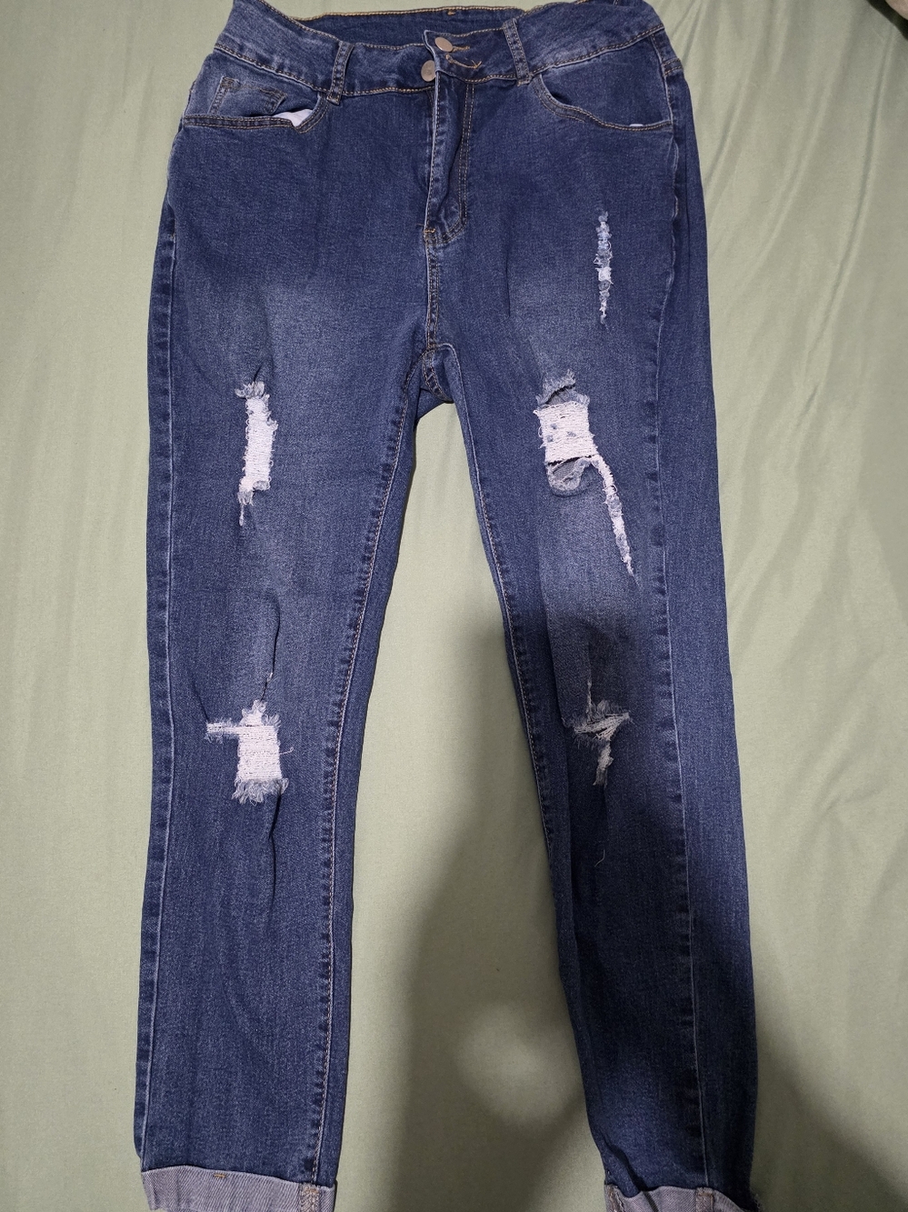 SHEIN Distressed Skinny Jeans in Blue Size 1XL